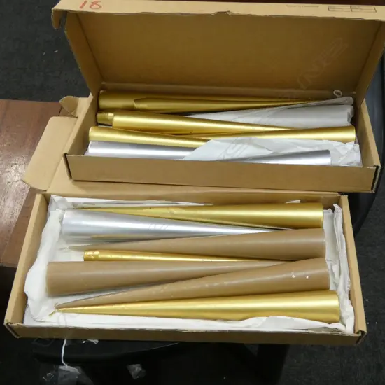 2 BOXES NEW CONE SHAPED LONG CANDLES; GOLD / SILVER & TAUPE L 350MM
