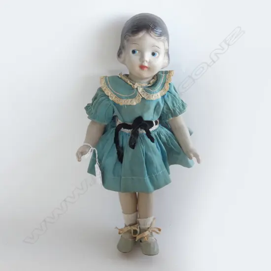 VINTAGE COMPOSITION YOUNG GIRL DOLL BLUE DRESS FIXED EYES L.360MM