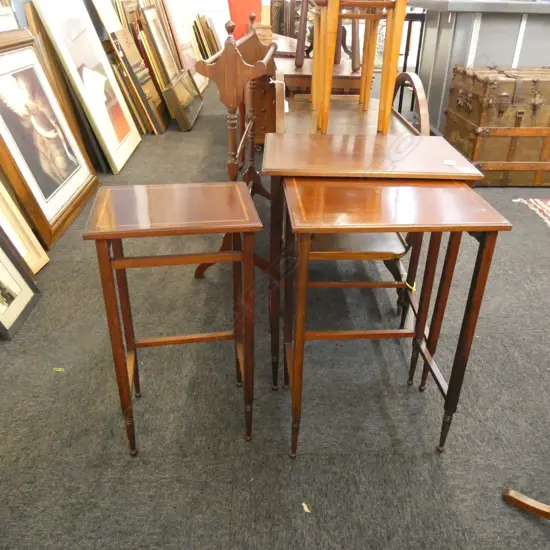 MAHOGANY NEST OF 3 TABLES - LARGEST 485 X 320 X 650MM (LG TABLE HAS WEAR TO TOP)