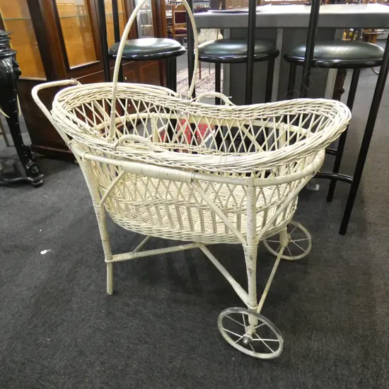 VINTAGE WHITE CANE BABIES BASSINET & STAND L 1000MM