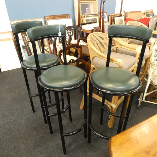 3 TALL GREEN LEATHER & BLACK WOOD STOOLS WITH BACKS H  Ex Sultan of Brunei