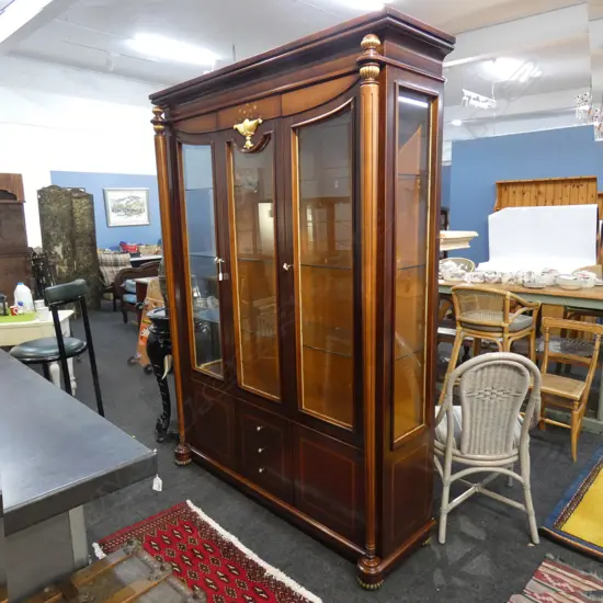LG MAHOGANY DISPLAY CABINET;  INLAID & GOLD GILDED DECTORATIVE ACCENTS W 1500 H. 2200MM   Ex Sultan of Brunei 