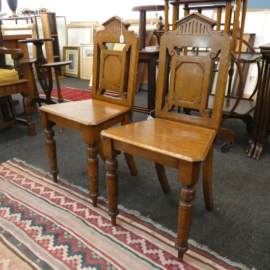 PR 19TH C OAK HALL CHAIRS W PANEL BACKS 
