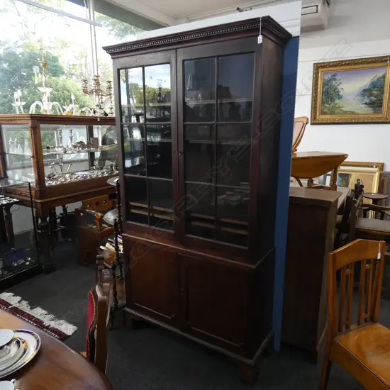 MAHOGANY GEORGE 111 2PC GLASS FRONTED BOOK CASE  W KEYL  1140 X H 2100MM