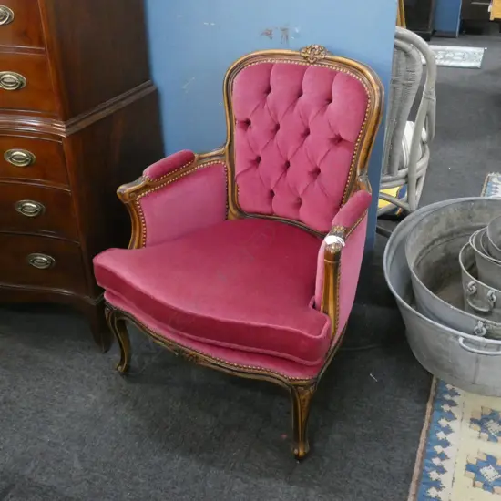 VICTORIAN RED VELVET BUTTON BACK ARMCHAIR  