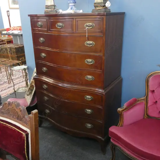 MAHOGANY 9 DRAWER TALL BOY W BRASS HANDLES H. 1470 X 940MM