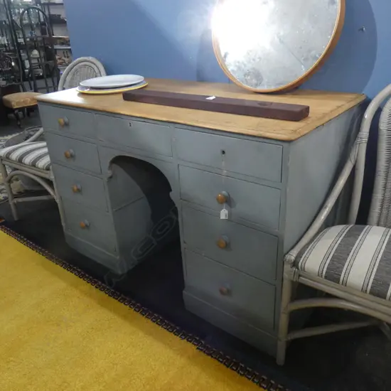 ANTIQUE ENGLISH PAINTED PINE DESK; NATURAL TOP  9-DRAWER DESK - PAINTED & NATURAL WOOD 1300 X 630MM