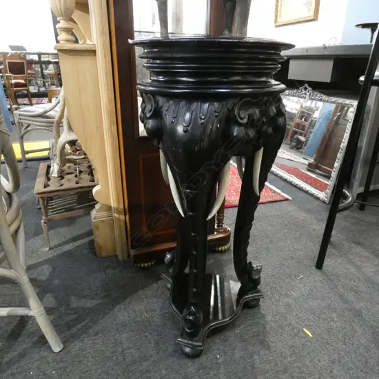 BLACK EBONIZED ELEPHANT CARVED JARDINIER STAND