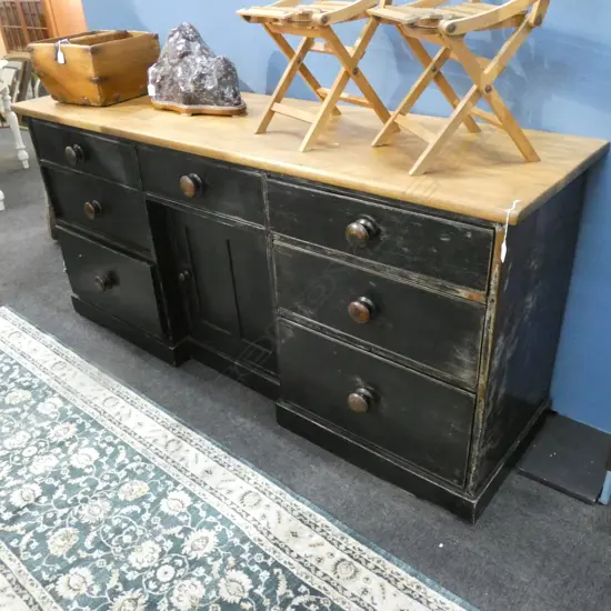 VICTORIAN LG DARK WOOD DRESSER BASE W SYCAMORE TOP - 7 DRAWS & 1 CUPBOARD - 1890 X 550MM