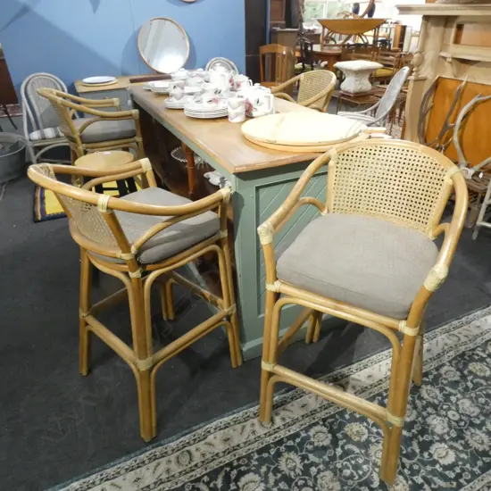 4 CANE & RATTAN LG STOOLS W BACKS - MATERIAL CUSHIONS  Ex Sultan of Brunei