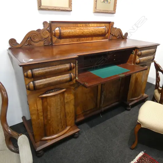 WILLIAM IV FLAME MAHOGANY SECRETAIRE SIDE BOARD (crack to top) 1970 x 610 x 1310mm