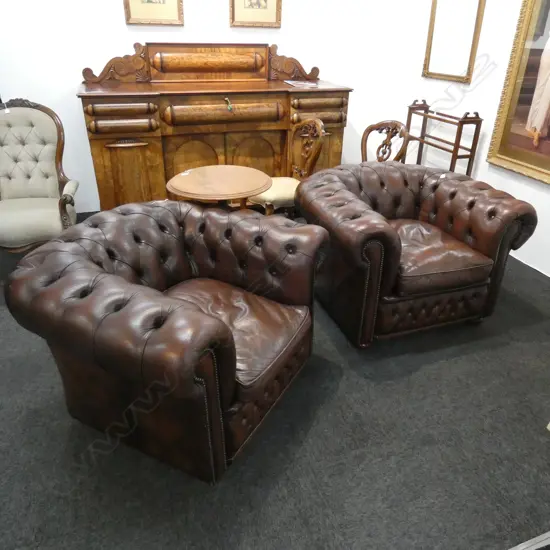 PR BROWN LEATHER BUTTON CLUB BACK ARM CHAIRS 