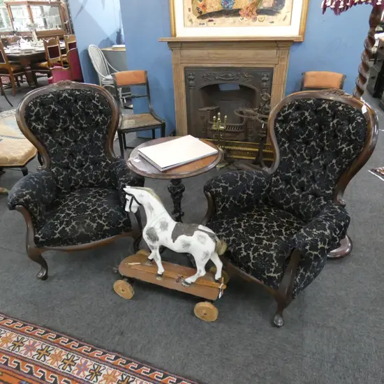 PAIR OF MAHOGANY VICTORIAN STYLE GRANDFATHER CHAIRS