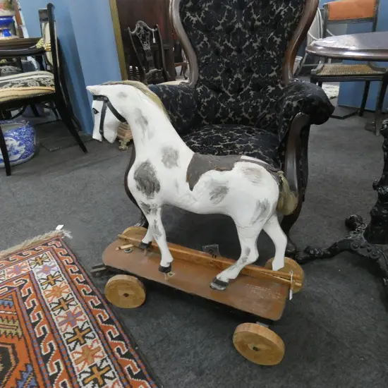 SM 19TH C FRENCH WOODEN CARVED PULLALONG HORSE ON WHEELS L 670 H 660MM