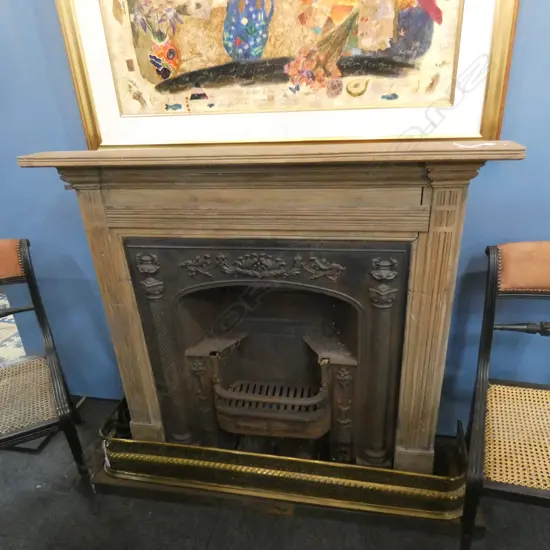 GEORGIAN WOOD FIRE MANTLE W CAST IRON FIRE SURROUNDS & GRATE ETC. 1280 X 1280MM.