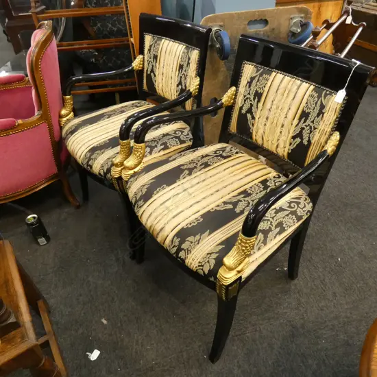 PR ORIENTAL GOLD GILDED & BLACK LACQUER CHAIRS - STRIPED MATERIAL BACKS & SEATS