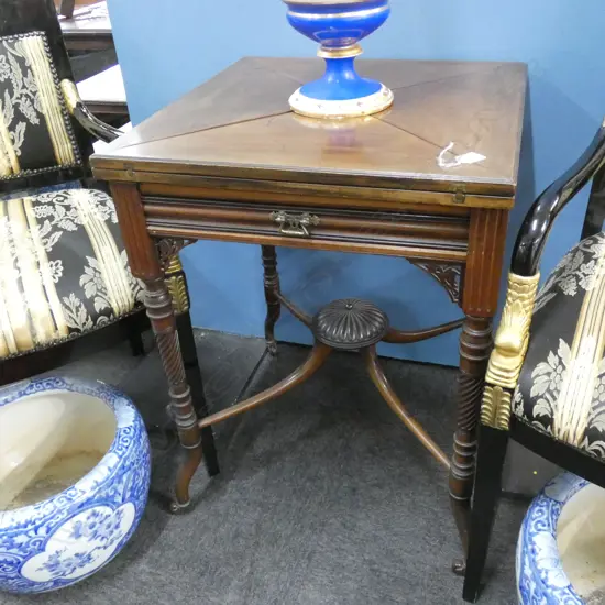 EDWARDIAN MAHOGANY ENVELOPE FOLDING CARD TABLE