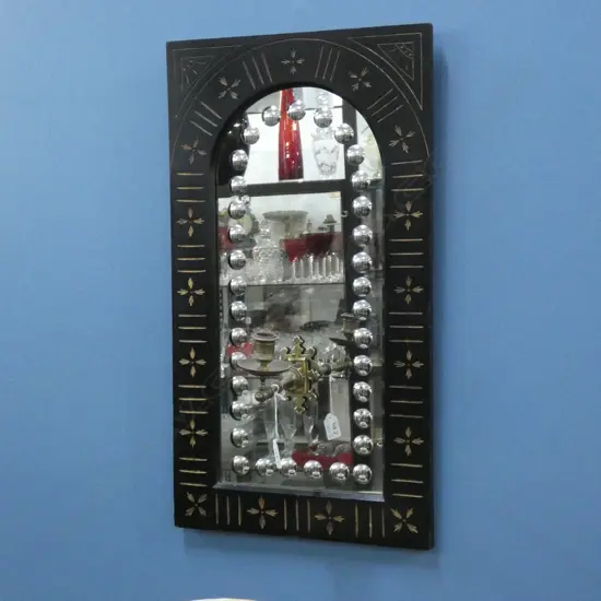 VICT EBONISED FRAMED ARCHED MIRROR W BRASS SCONCE