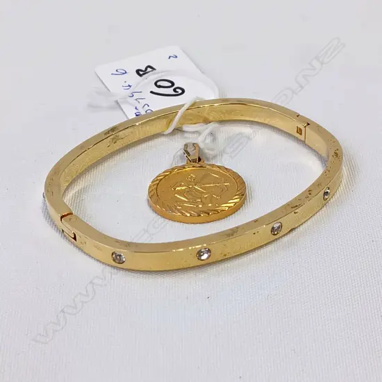GOLD PLATED BRACELET w SIMULATED DIAMONDS & GOLD PLATED CHARM