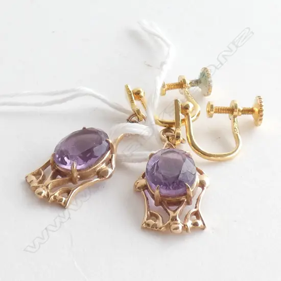 PR 9CT & AMETHYST DROP EARRINGS ROLD GOLD SCREW FITTINGS