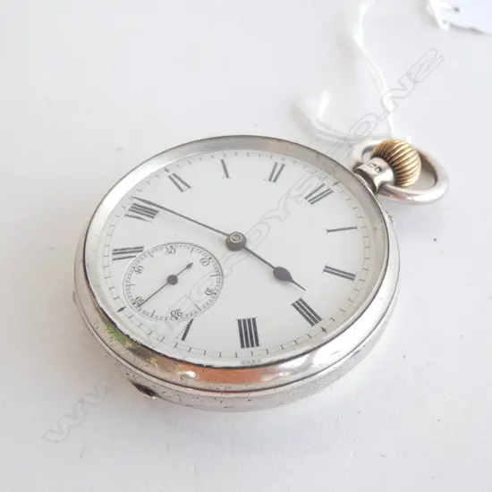STG SILVER ENGLISH POCKET WATCH HM 1908. JEWELLED TO CENTRE W CAP JEWELS ON ESCAPEMENT PIVOTS. WORKING 
