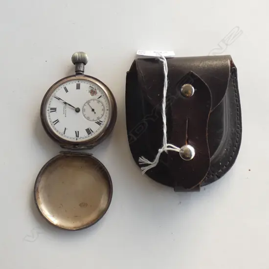 OLD STG SILVER CASED POCKET WATCH (A/F) W LEATHER POUCH  