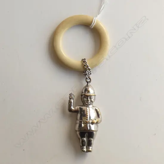 SILVER PLATE BABY RATTLE POLICEMAN WITH IVORINE RING