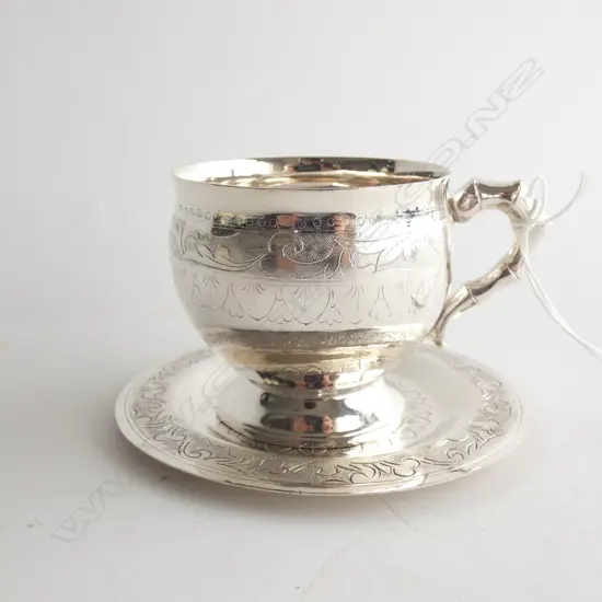 HAND ENGRAVED THAI SILVER CUP (H 60MM) + COASTER OR  PLATE (DIA 100MM) 