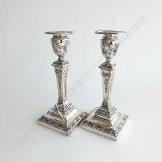 PR SHEFFIELD PLATE EMPIRE STYLE CANDLESTICKS 