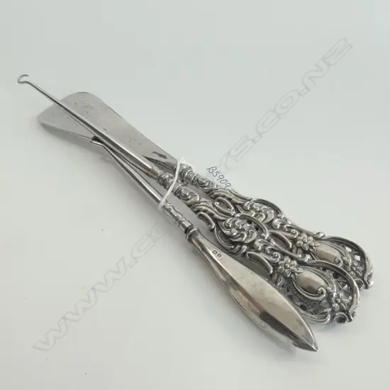 THREE SILVER HANDLED ACCESSORIES - 2 BOOTHOOKS & SHOE HORN