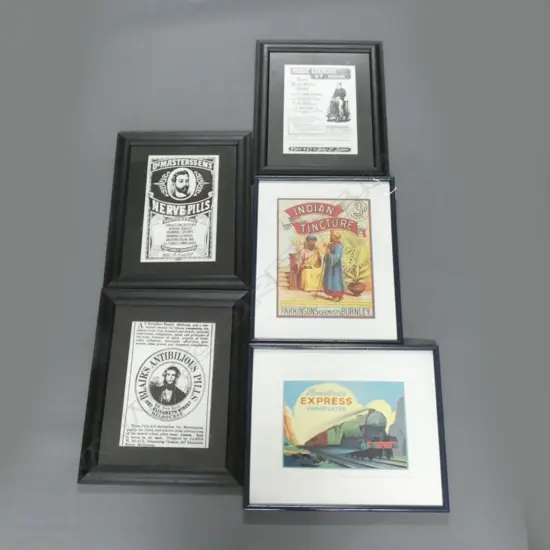 5 X OLD FRAMED ADVERTISEMENTS, 290 X 210MM