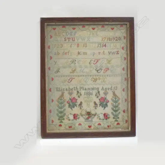 ANTIQUE SAMPLER 'ELIZABETH MANNING AGED 13 1886' 390x295mm