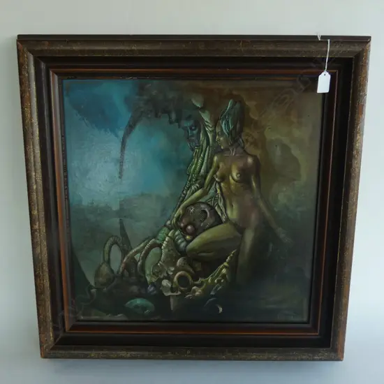 OIL ON BOARD UNTITLED  NUDE WOMAN / LANDSCAPE - VICTOR LINFORD SIGNED & DATED 1978 490 X 490MM