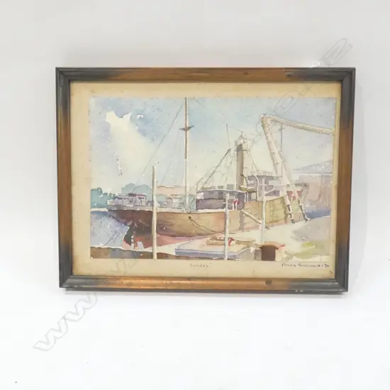 SMALL W/C SIGNED FRANCIS SHERWOOD, LUGGER IN HARBOUR, DATED '32, TITLED 'SUNDAY' 
