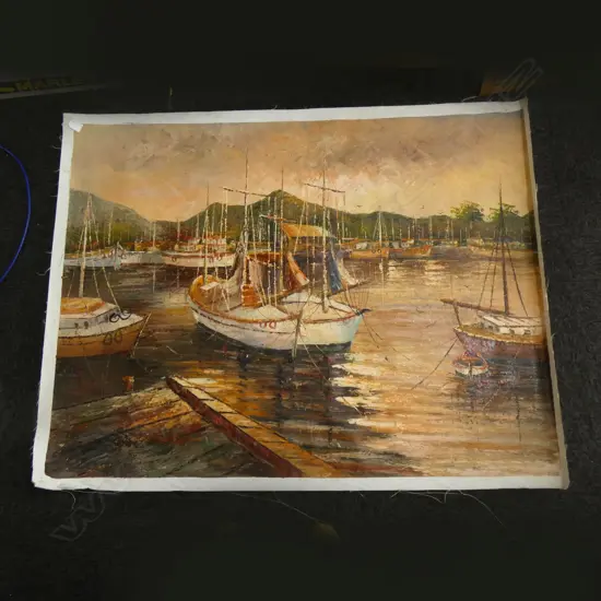 LARGE UNFRAMED OIL HARBOUR SCENE 930x1230mm