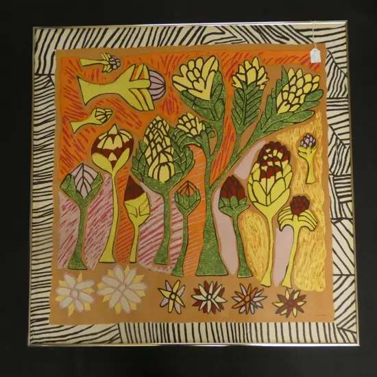 FRAMED DESERT DESIGNS SCREEN PRINT ON SILK - JIMMY PIKE ABORIGINAL ART SCARF 'DESERT FLOWERS C1980'S 780MM SQ
