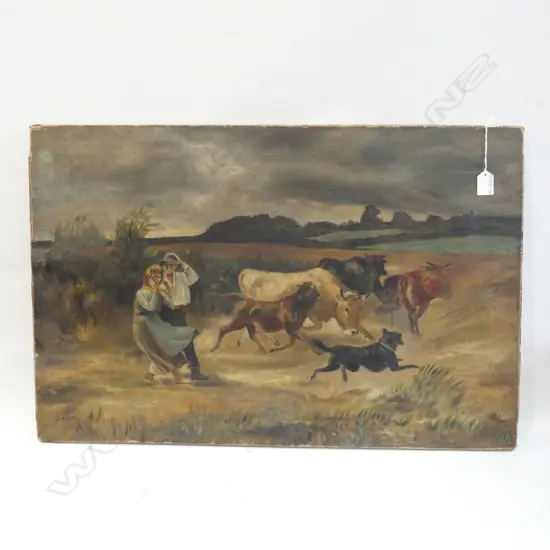 OLD OIL ON CANVAS FARM/ COW SCENE SIGNED S A HILL 760 X 500MM