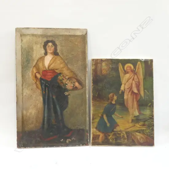 PR OLD OIL ON CANVAS PAINTINGS; 1 WITH ANGEL LARGEST 510 X 310MM