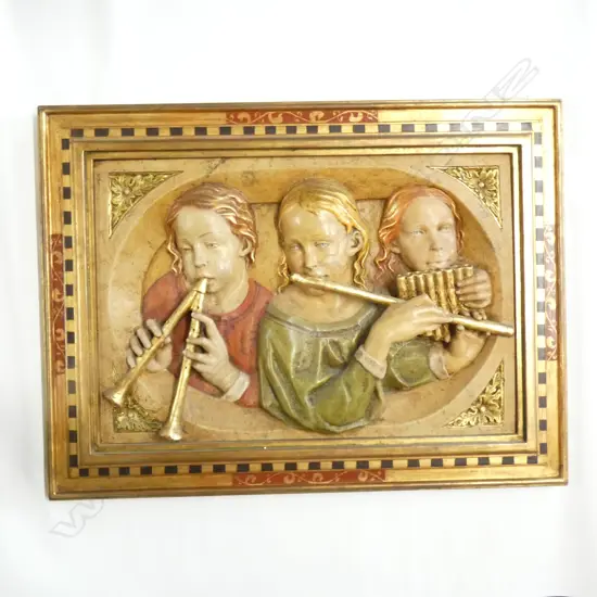 ORNATE FRAMED 3D PLASTER ART - 3 GIRLS PLAYING MUSICAL INSTRUMENTS 430 X 700MM