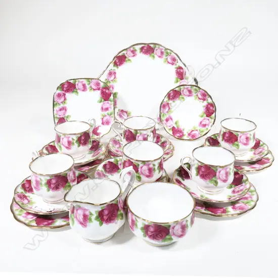 ROYAL ALBERT OER 23PC TEASET; 6 TRIOS (+1 SAUCER&PLATE), CAKE PLATE & JUG & SUGAR BOWL