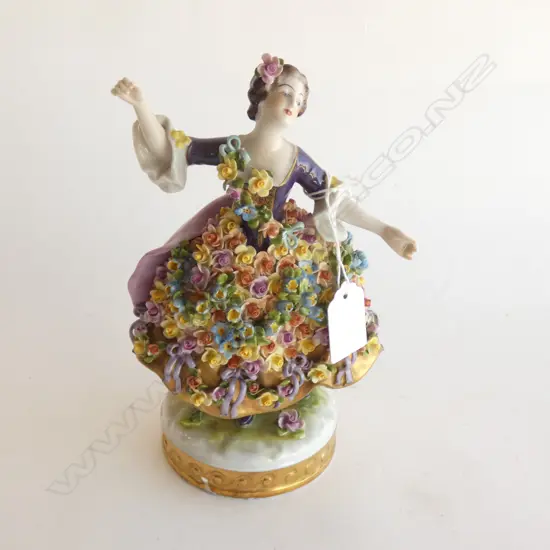 VINTAGE EUROPEAN PORCELAIN FIGURINE - HEAVILY FLOWER ENCRUSTED DRESS - GOLD GILDED HEM &  BASE STAND  H 220MM