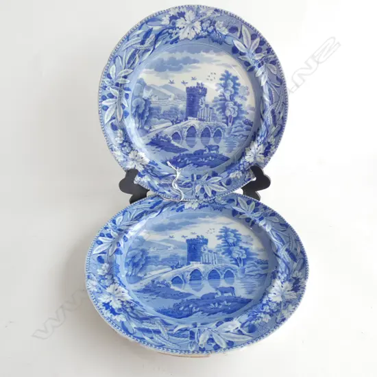 PR VINTAGE SPODE BLUE & WHITE BRIDGE OF ITALY PLATES DIA 245MM