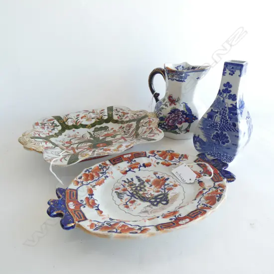 MASONS IRONSTONE JUG, VASE & 2 ANTIQUE DISHES