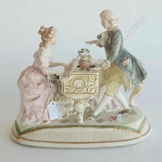 LG DRESDEN STYLE PORCELAIN MUSICAL FIGURINE - LADY & GENT AT PIANO (PIANO A/F) NOT WORKING L 290MM
