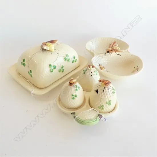 SYLVIA CHINA BEE SET; BUTTER DISH; CRUET SET & TWIN DISH