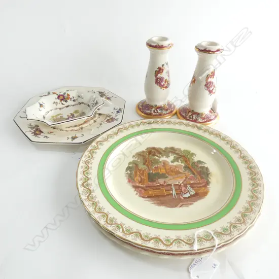MASON IRONSTONE 3 RACK PLATES DISH & PR CANDLSTICKS