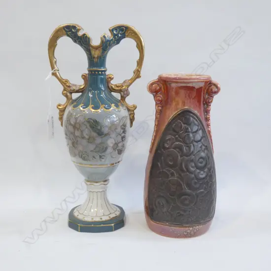 ROYAL DUX 2 HANDLED GOLD GILDED VASE (H 280MM) + ONE OTHER