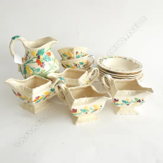 MASON IRONSTONE 4 JUGS LARGE JUG 6 DESSERT BOWLS & 3 C/S OAK PAT