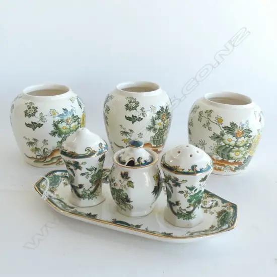 MASONS IRONSTONE 3 HORNLEY PATTERN JARS & CHATREURSE CONDIMENT SET