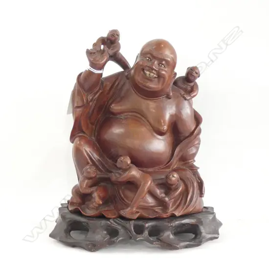 CARVED WOODEN LAUGHING BUDDHA ON STAND a/f H. 240MM